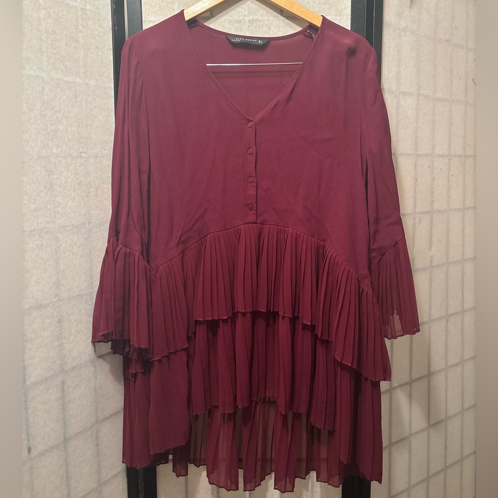 ZARA Pleated Tiered Flowy Bell Sleeve Burgundy Tunic Dress, Boho Chic